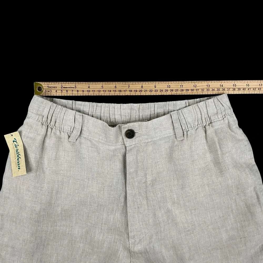Caribbean Pants Men 34x30 Beige Linen Straight Leg Elastic Waist NWT